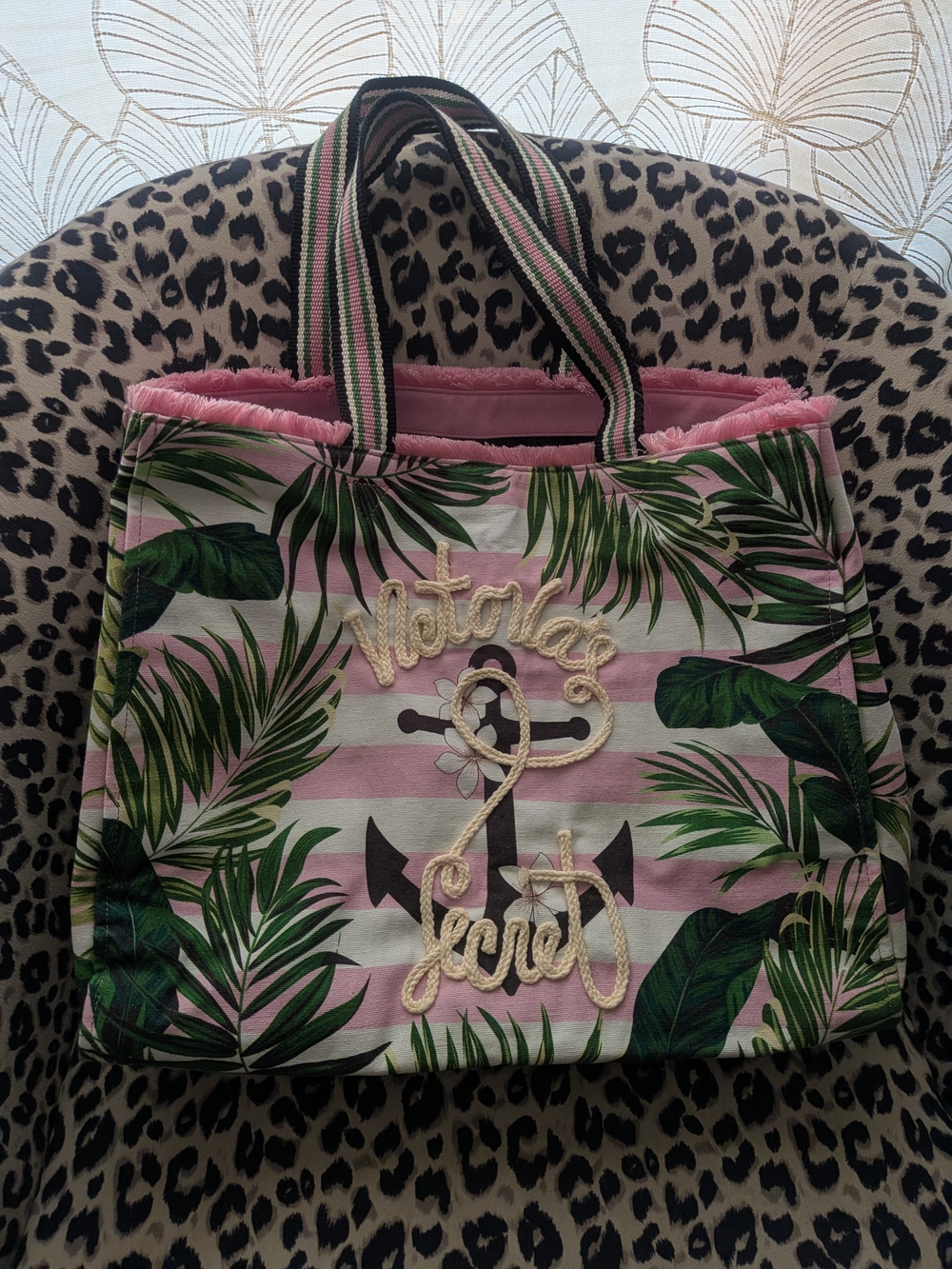 Victoria's Secret Anchor Paradise Beach tote bag featuring a palm leaf print